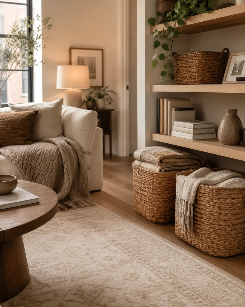 Woven baskets with folded throws beside oak shelves in a cozy neutral apartment