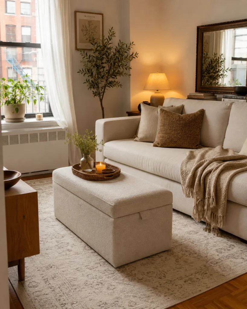 Cozy apartment living room with cream storage ottoman, soft rug, layered pillows, and warm lighting