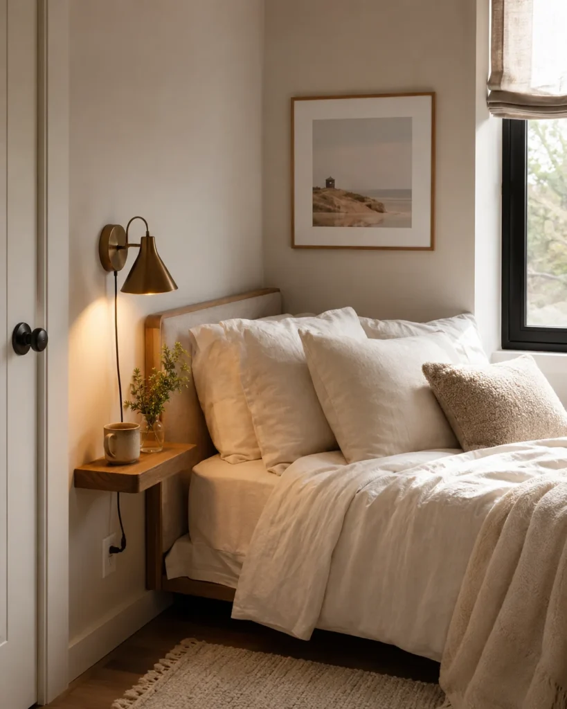 Cozy apartment bed with floating shelf, wall sconce, cream bedding, and warm neutral decor