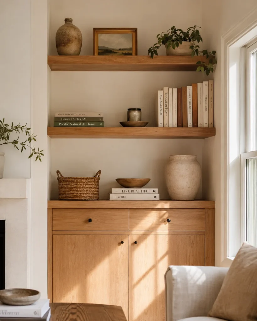 Cozy apartment shelves with books, candles, woven baskets, ceramics, and warm oak styling.