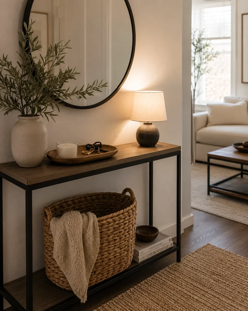 Cozy apartment console table with tray, candle, keys, basket, and round mirror