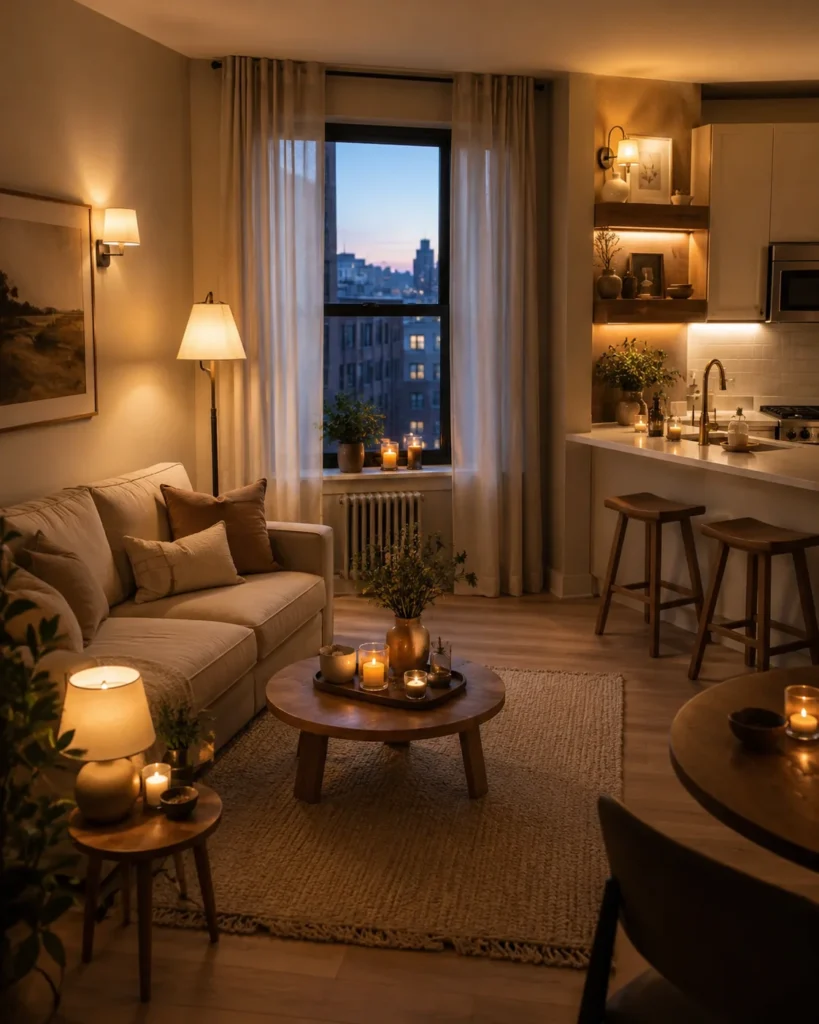 Cozy apartment living room with layered warm lamps, candles, linen curtains, and neutral decor at dusk