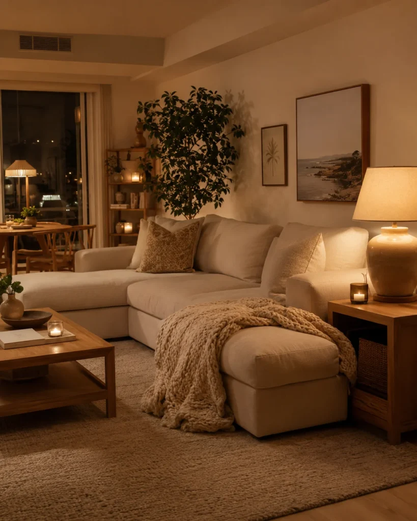Warm lamp-lit cozy apartment living room with cream sofa, knit throw, candles, and wood accents.
