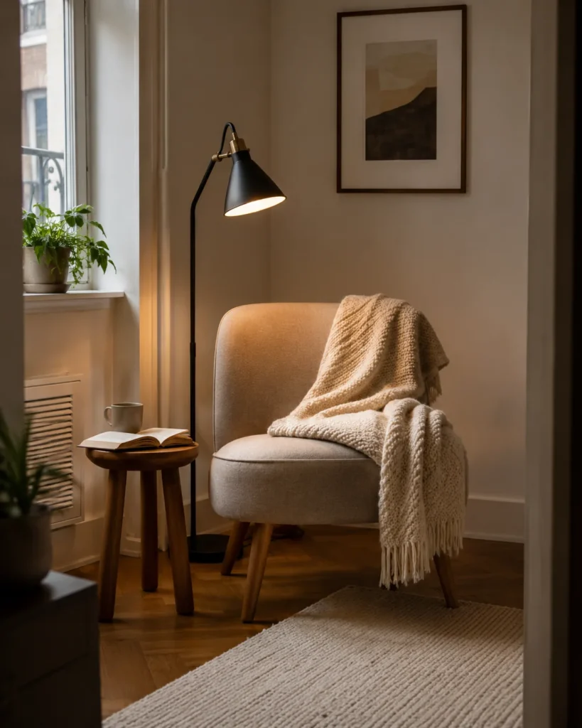 Cozy apartment reading corner with accent chair, floor lamp, knit throw, and side table