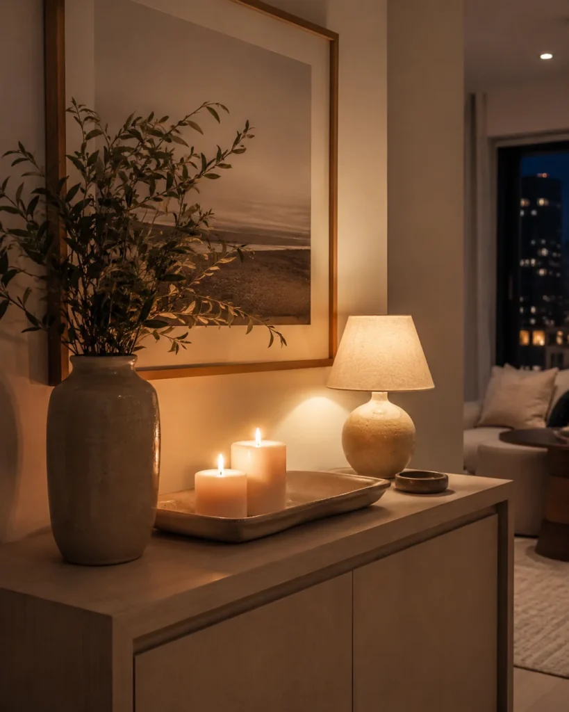 Cozy apartment console with candles, ceramic vase, framed art, and warm accent lamp.