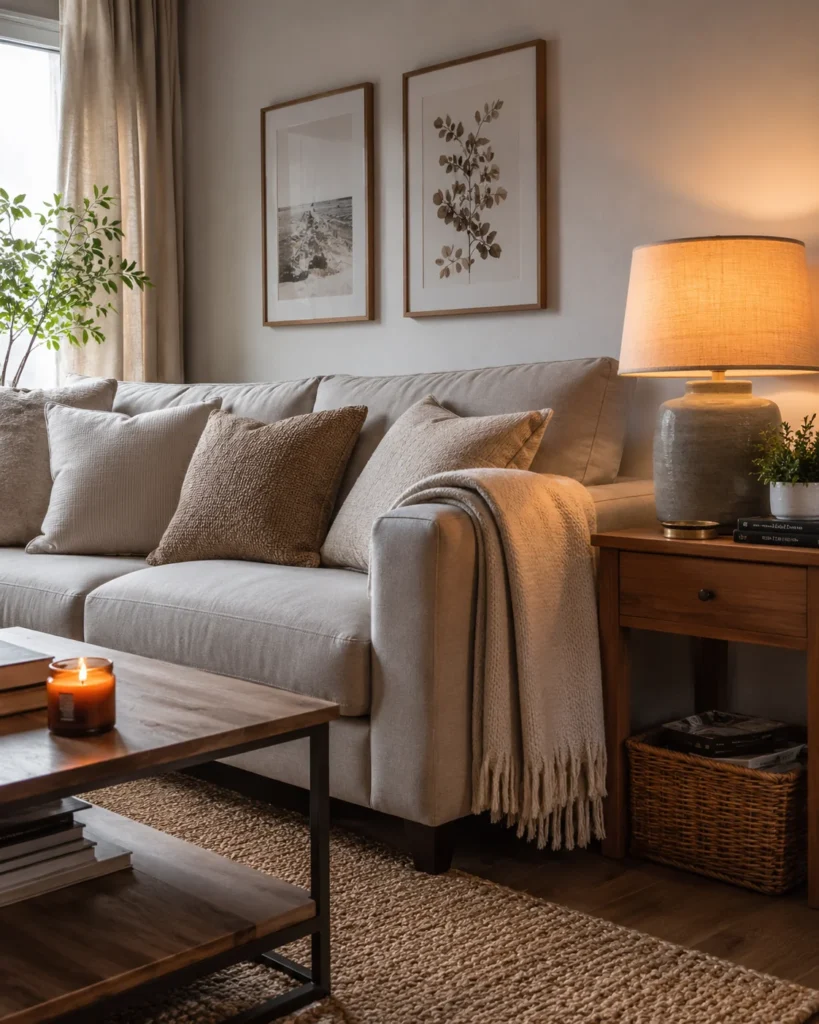 Cozy apartment sofa with folded throw, warm lamp, side table, candle, and textured neutral rug