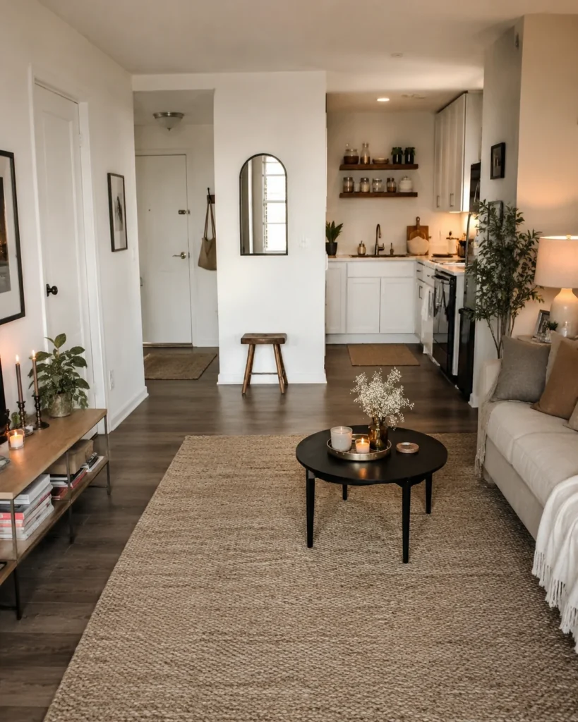 Cozy small apartment with open floor space, neutral decor, slim furniture, and warm lighting