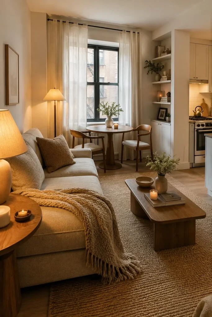 Cozy small apartment living room with cream sofa, warm wood furniture, linen curtains, and soft layered lighting