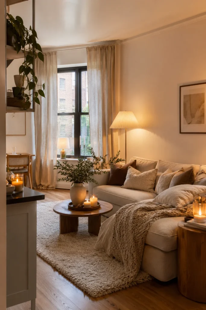 Cozy small apartment living room with warm lamps, layered pillows, linen curtains, candles, and a soft rug