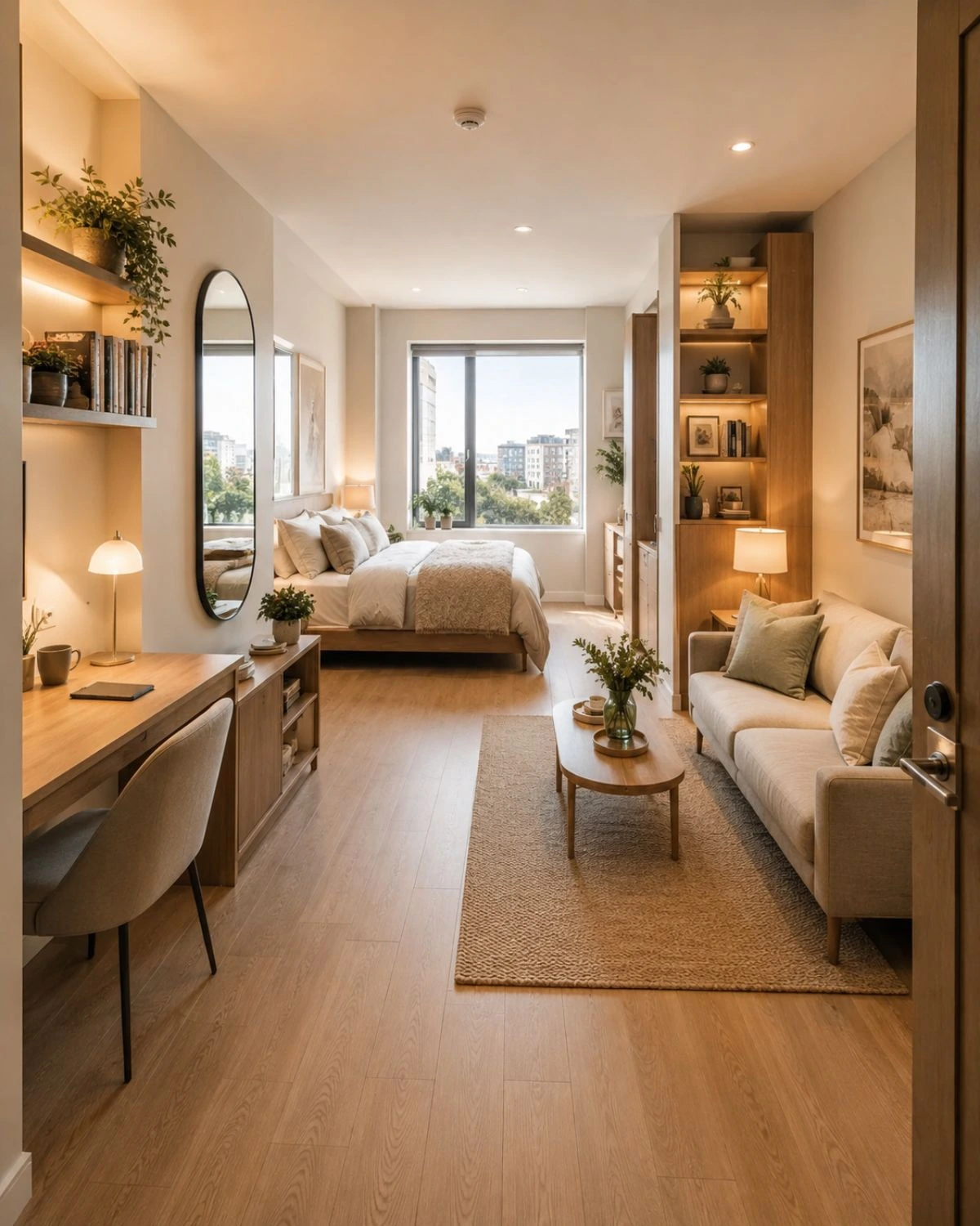 Studio apartment overview with bed, sofa, desk, mirror, rug, and clearly defined living zones