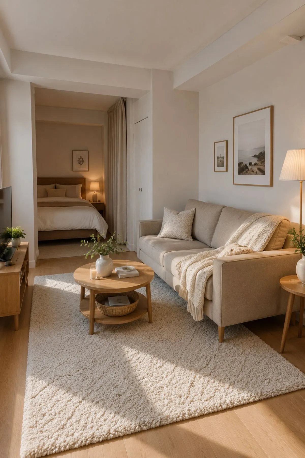 Studio apartment lounge with large cream rug, taupe sofa, round coffee table, and cozy sleeping nook in background