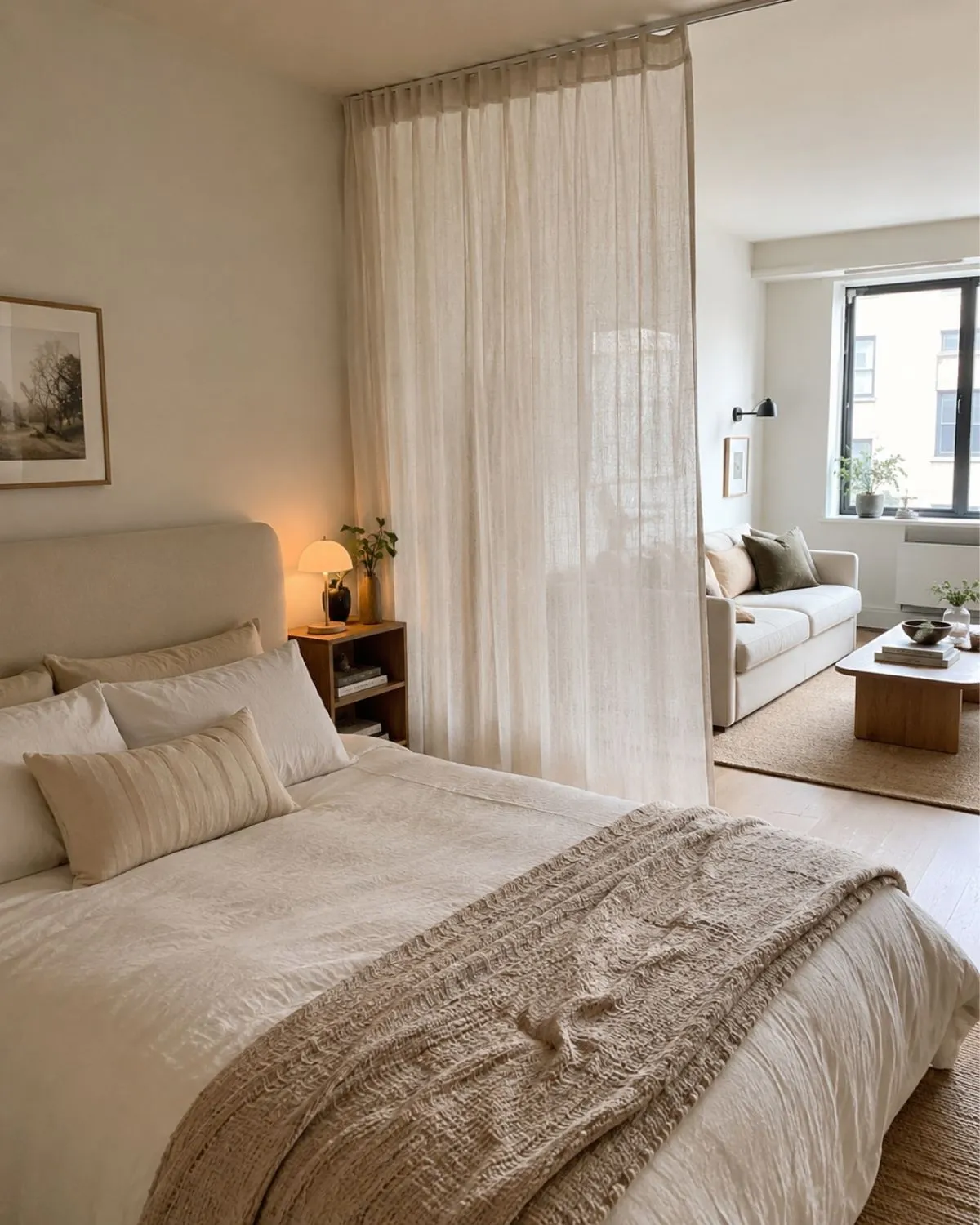 Studio apartment bed nook with sheer curtain divider, cozy neutral bedding, and living area beyond