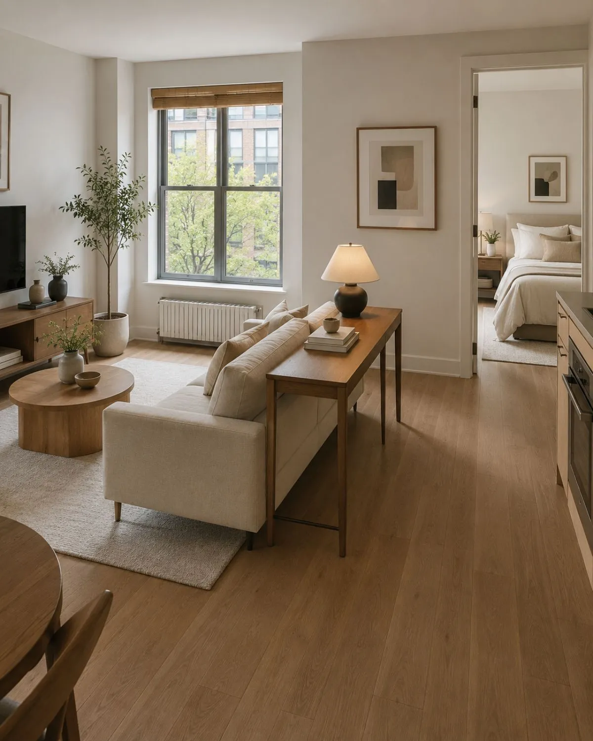 Studio apartment with floated sofa, slim console table behind it, and a clear walkway through the space