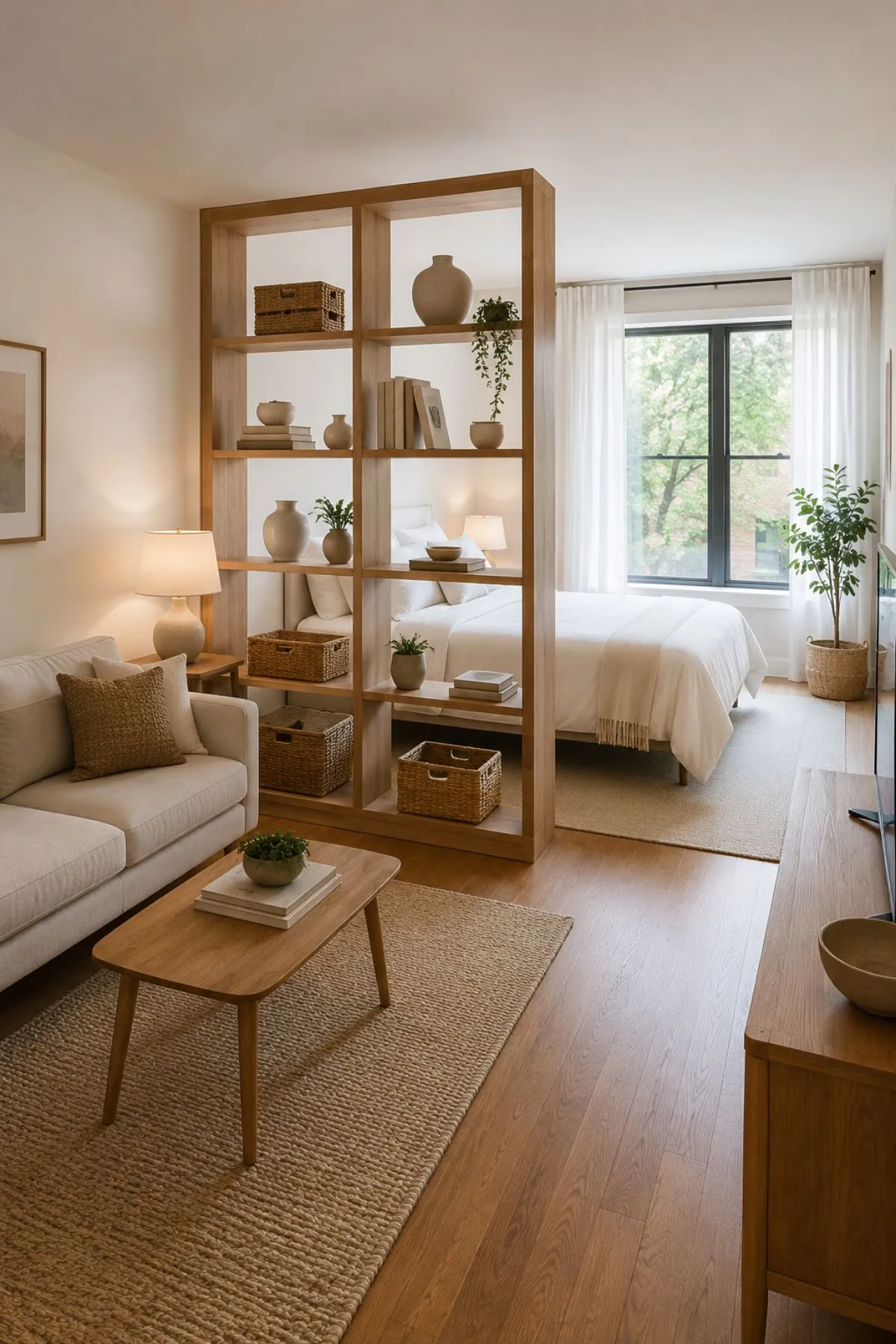 Studio apartment with open bookshelf divider separating bed and lounge in a warm neutral one-room layout