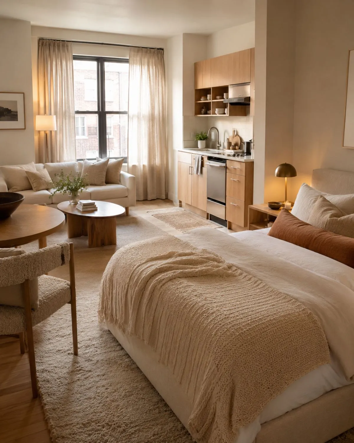 Cozy studio apartment styled with layered textiles and a warm neutral palette