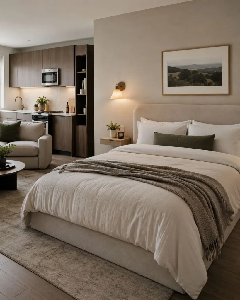 Styled studio apartment bed with layered neutral bedding and a soft upholstered headboard