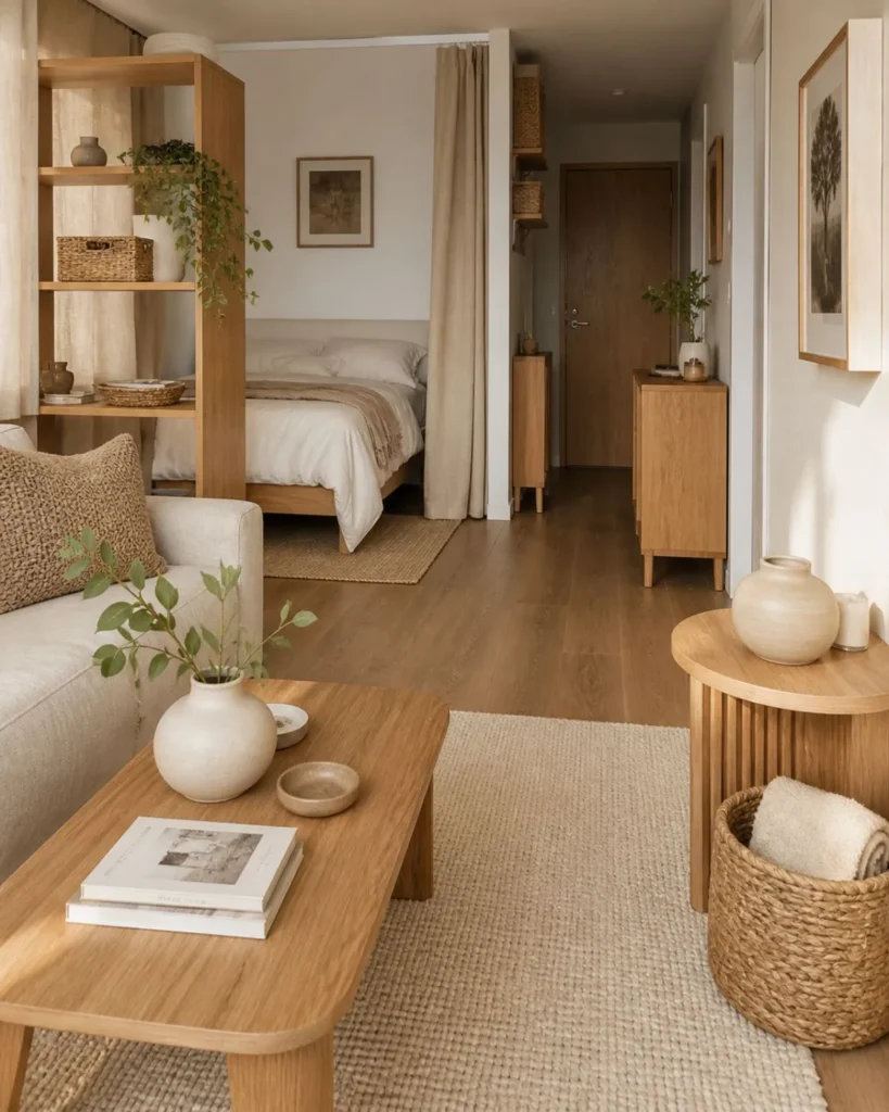 Studio apartment with warm wood furniture, woven baskets, matte ceramics, and soft neutral textures