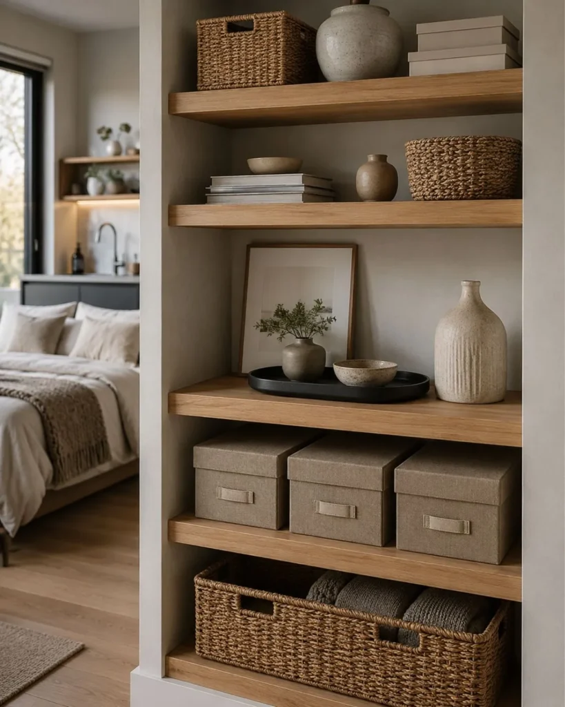 Coordinated studio apartment shelving with woven baskets, neutral storage boxes, and open oak shelves