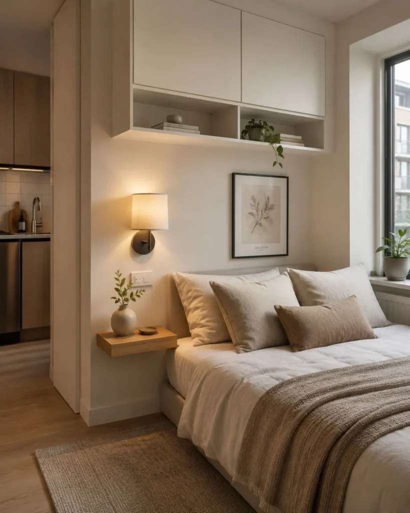 Studio apartment bed with floating night shelf, wall sconce, and soft neutral bedding