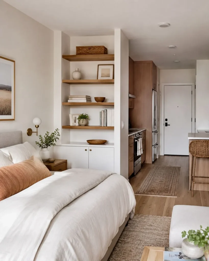 Studio apartment with sparsely styled oak shelves, neutral books, woven basket, ceramics, and minimal plant