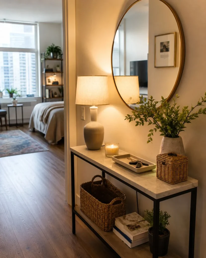 Slim studio apartment console with tray, keys, candle, mirror, and woven basket