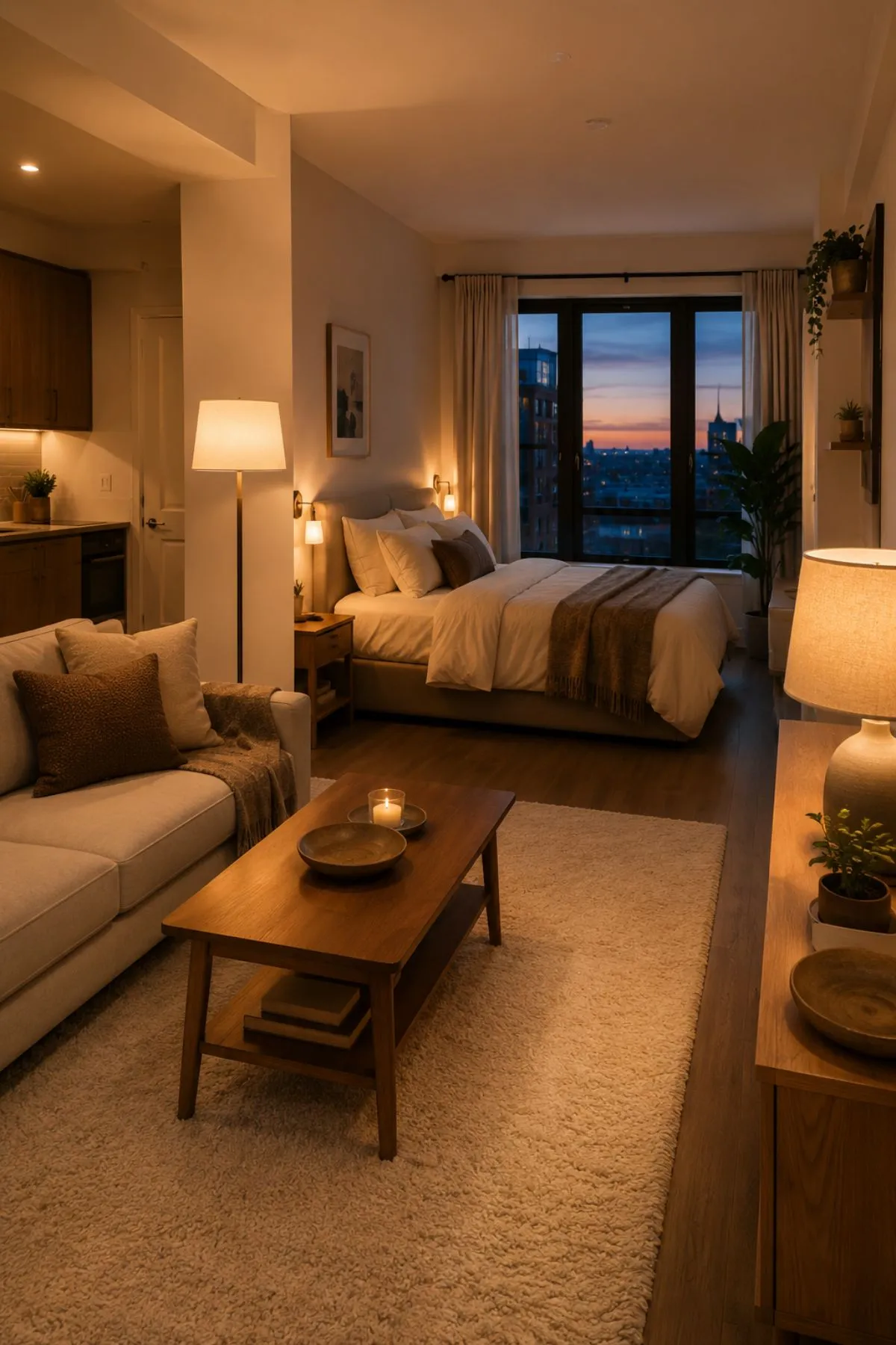 Cozy studio apartment at dusk with layered lighting, cream rug, sofa, and bed beside a twilight window