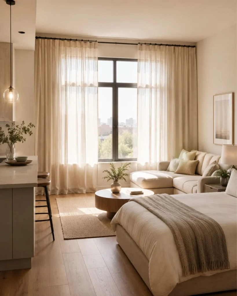 Studio apartment with high full-length linen curtains, soft daylight, neutral furniture, and cozy styling