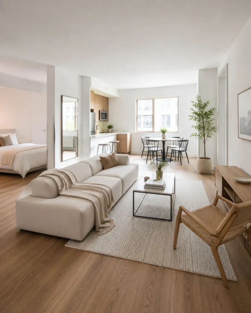 Open studio apartment layout with low-profile sofa, slim furniture, and airy sightlines