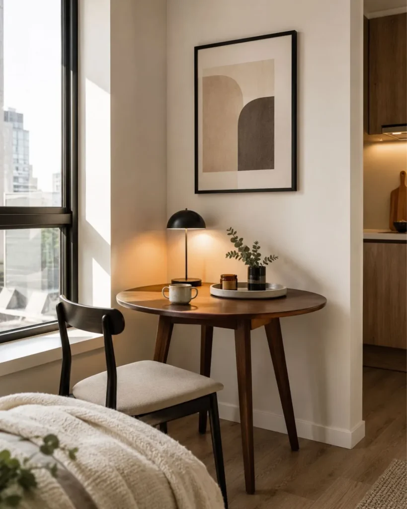 Studio apartment work and dining corner with round wood table, slim chair, lamp, framed art, and tray