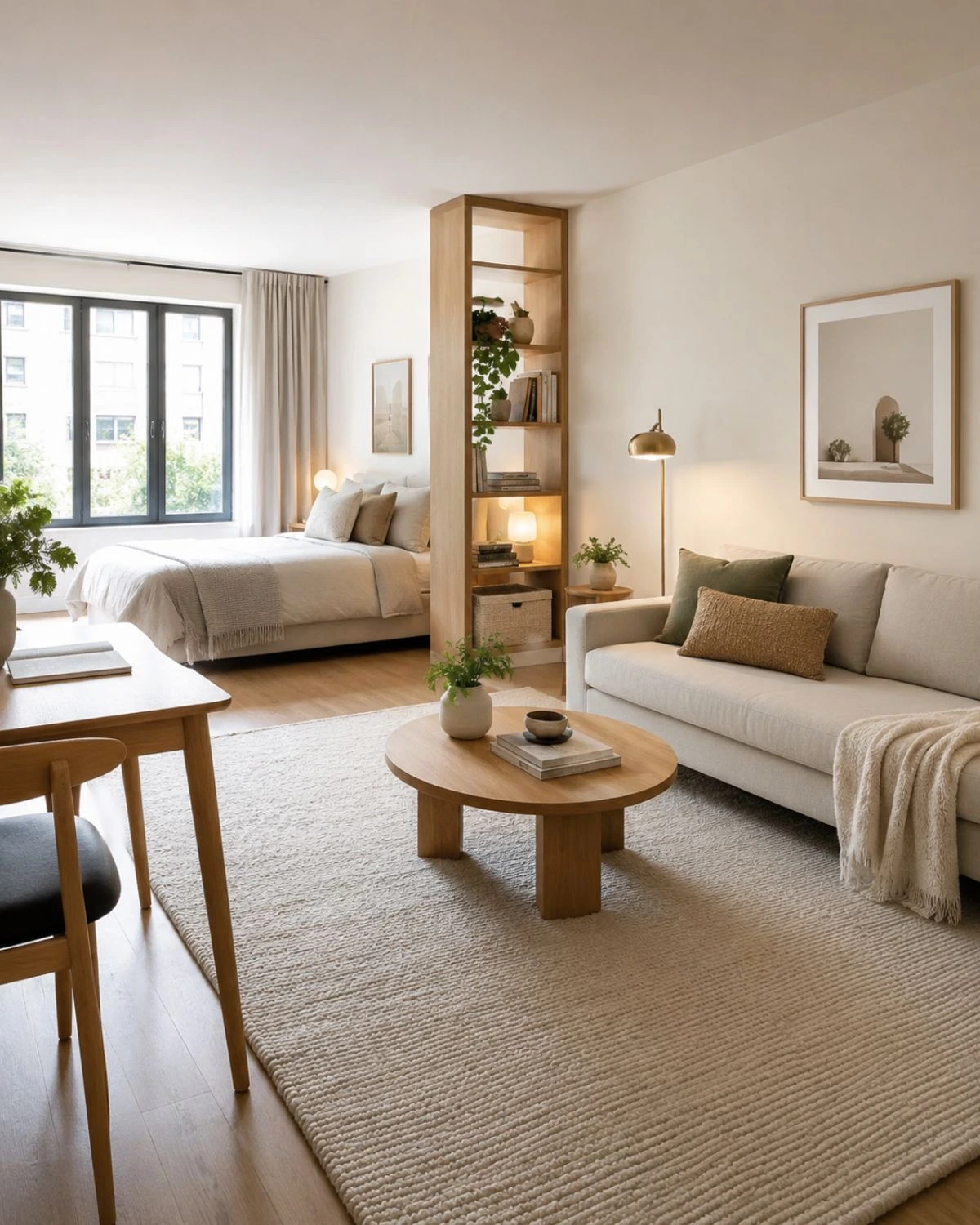 Calm studio apartment with open floor space, slim furniture, and cozy neutral decor