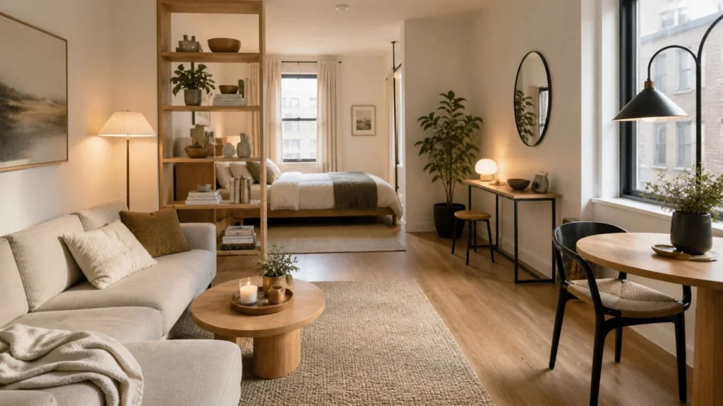 Bright studio apartment with sofa, bed nook, wood divider, desk, dining table, and warm neutral decor.