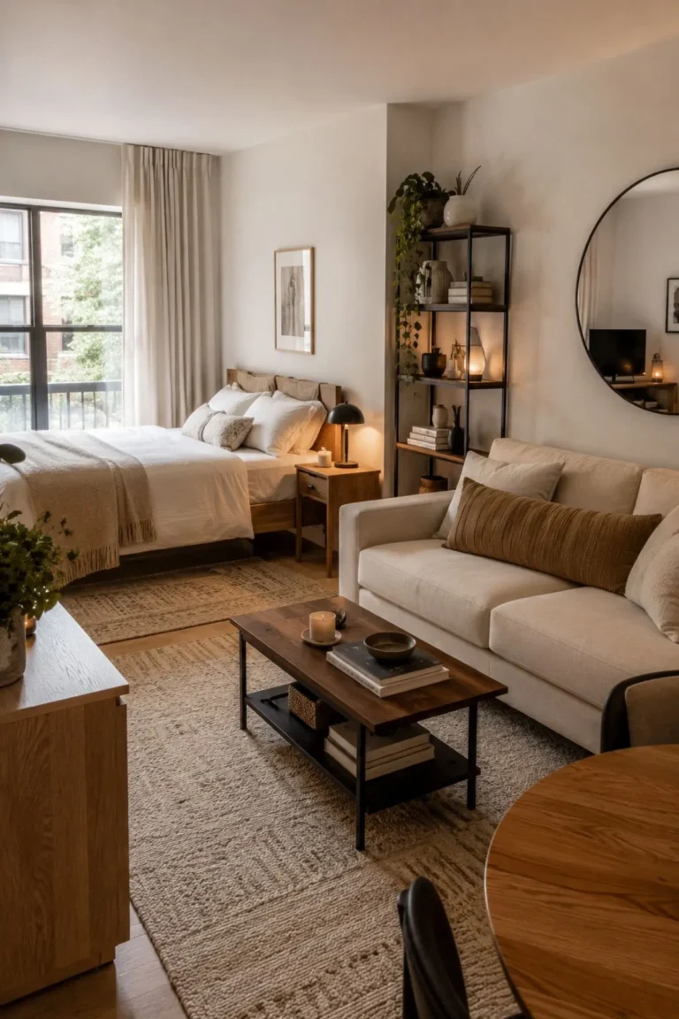 Cozy studio apartment with defined bed and living zones, neutral decor, wood accents, and layered lighting