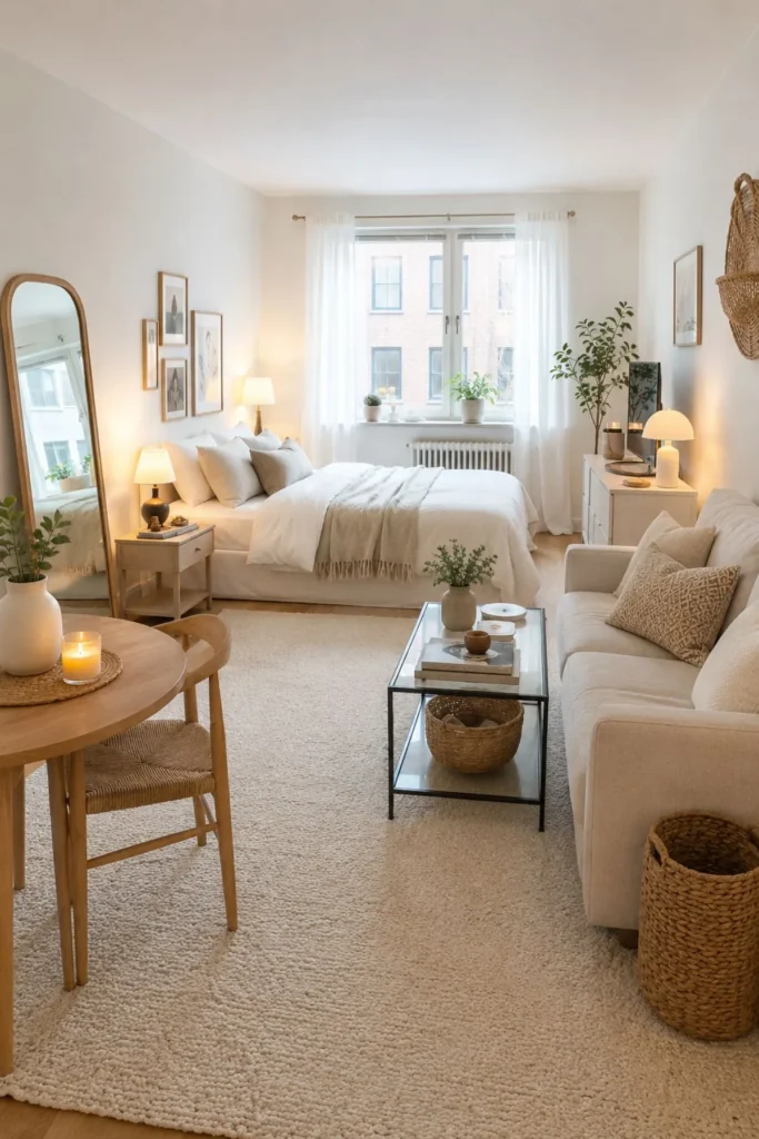 Cozy small studio apartment with neutral decor, large rug, mirror, bed, sofa, and compact dining area