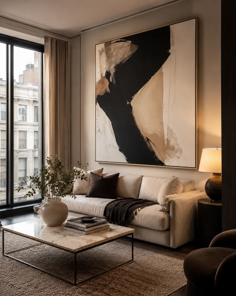 21 Dream Apartment Decor Ideas for a Beautiful & Stylish Space 22 Stylish apartment living room with one dramatic art piece above a neutral sofa.