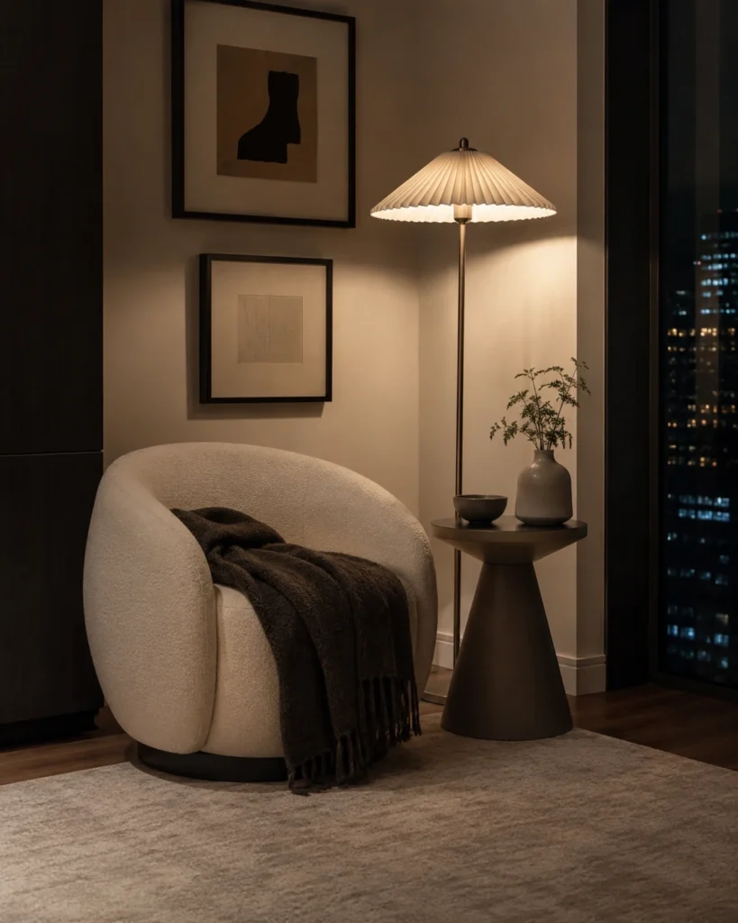21 Dream Apartment Decor Ideas for a Beautiful & Stylish Space 12 Elegant apartment corner with sculptural chair, warm lamp, framed art, and side table