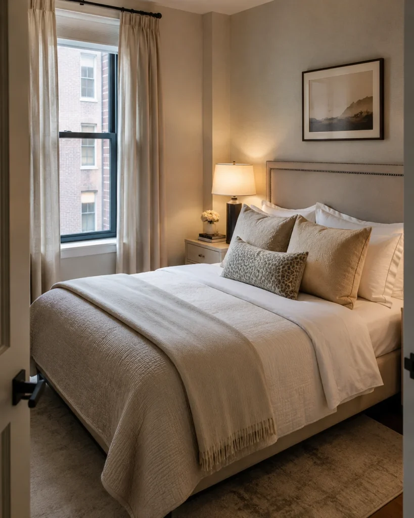 21 Dream Apartment Decor Ideas for a Beautiful & Stylish Space 13 Elegant apartment bedroom with upholstered headboard and layered neutral bedding