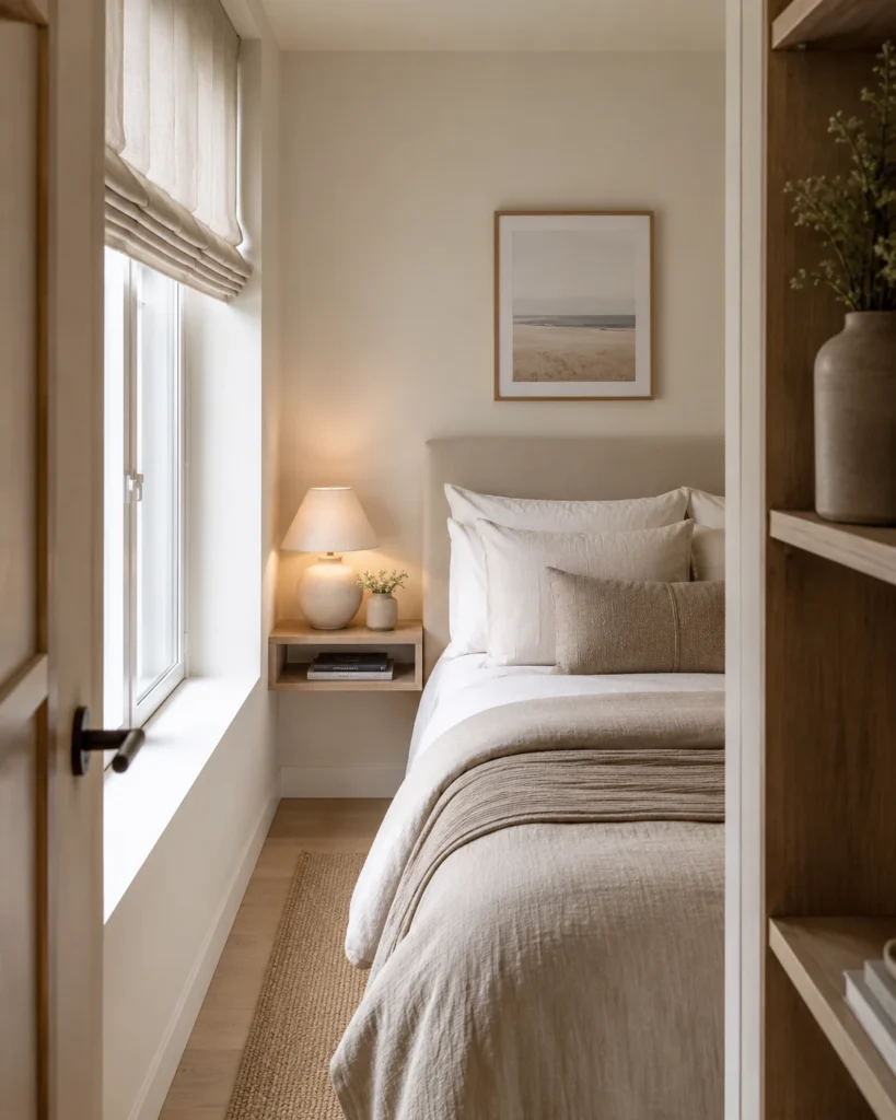 21 Dream Apartment Decor Ideas for a Beautiful & Stylish Space 14 Narrow apartment bedroom with slim bedside shelf, warm lamp, and neutral layered bedding