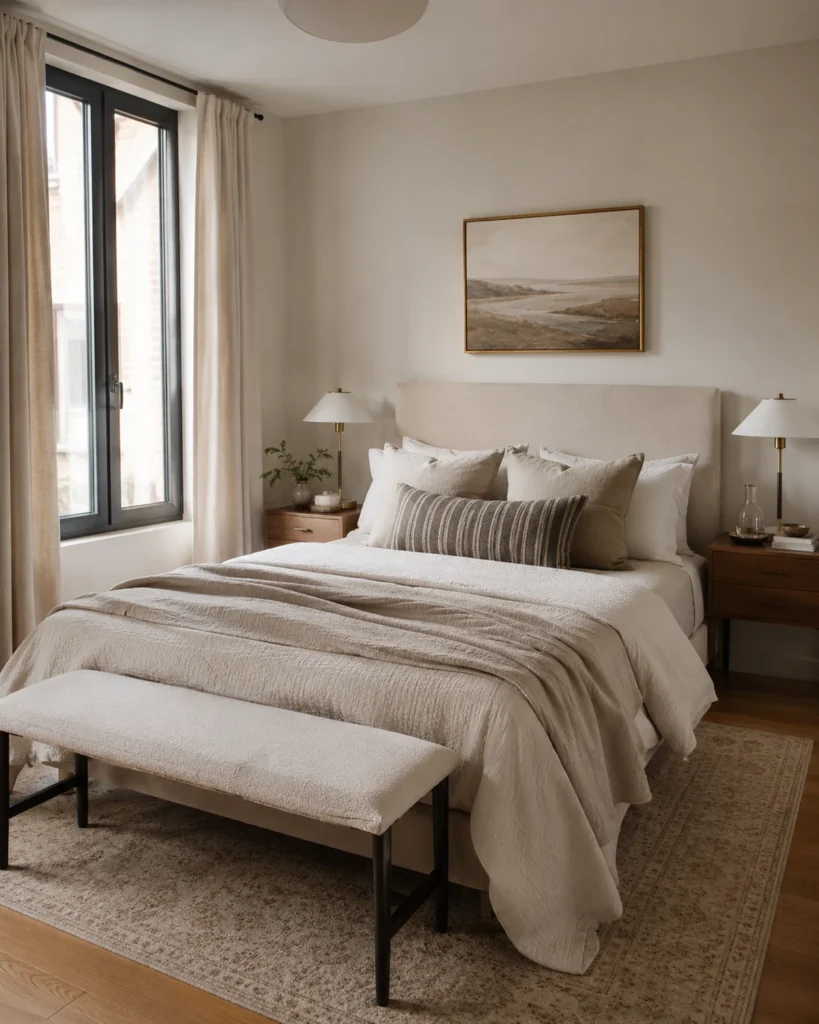 21 Dream Apartment Decor Ideas for a Beautiful & Stylish Space 15 Stylish apartment bedroom with a slim upholstered bench, layered neutral bedding, and warm morning light