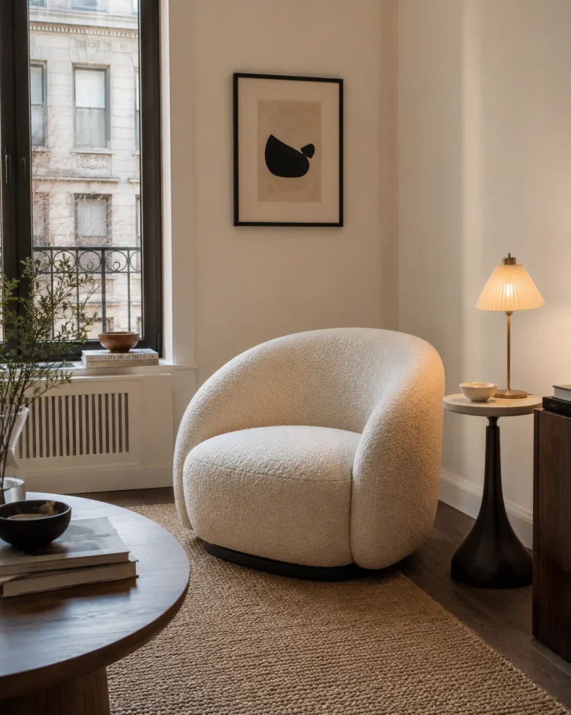 21 Dream Apartment Decor Ideas for a Beautiful & Stylish Space 9 Cream boucle accent chair in a stylish small apartment living room