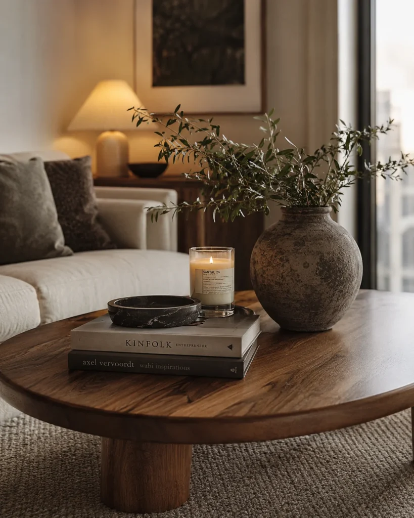 21 Dream Apartment Decor Ideas for a Beautiful & Stylish Space 10 Round wood coffee table styled with books, candle, tray, and ceramic vase