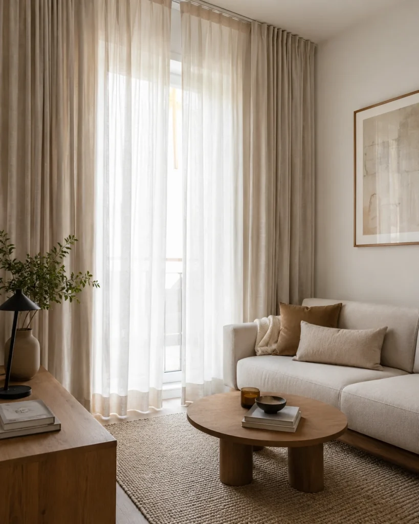 21 Dream Apartment Decor Ideas for a Beautiful & Stylish Space 6 Full-length linen curtains filtering soft daylight in a small apartment living room