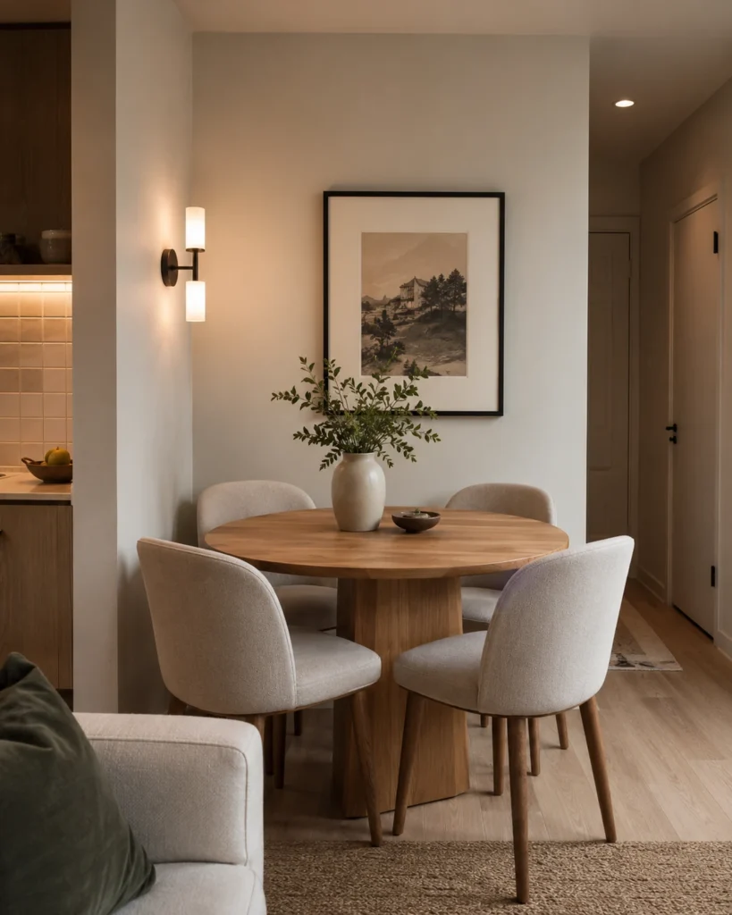 21 Dream Apartment Decor Ideas for a Beautiful & Stylish Space 17 Elegant apartment dining nook with round oak table, neutral chairs, framed art, and warm wall lighting.