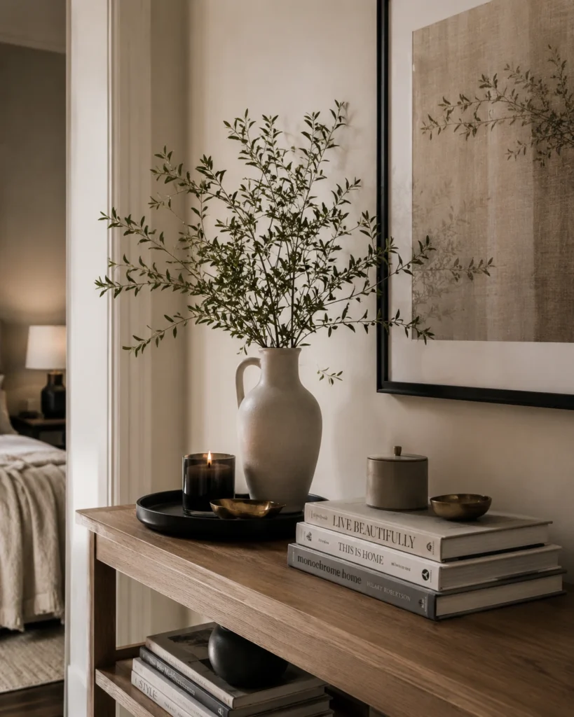 21 Dream Apartment Decor Ideas for a Beautiful & Stylish Space 7 Styled apartment console with books, candle, vase, and tray
