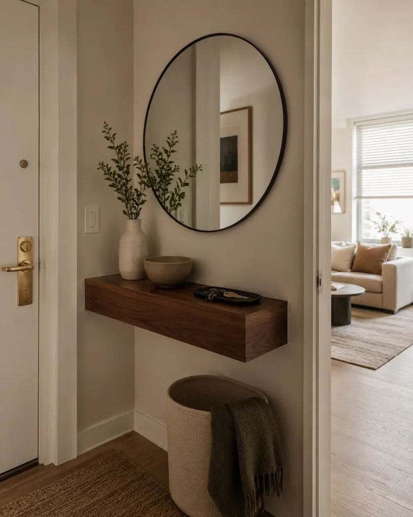 21 Dream Apartment Decor Ideas for a Beautiful & Stylish Space 18 Small apartment entryway with round mirror, wood shelf, key tray, vase, and warm welcoming light