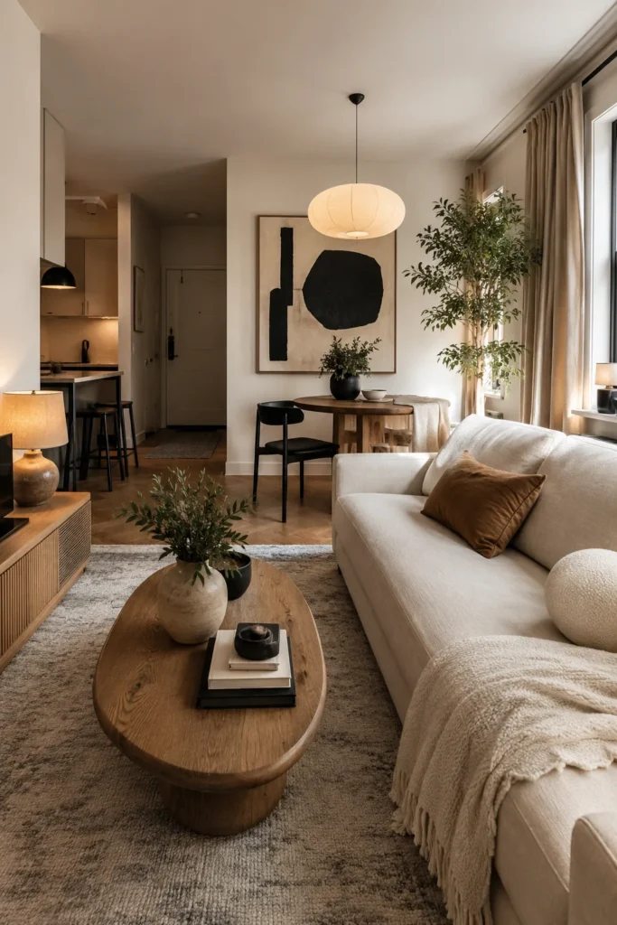 Dream apartment decor ideas for a stylish small apartment with warm lighting