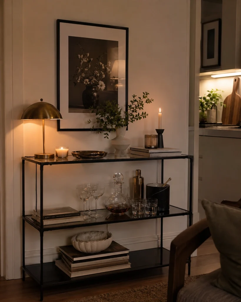 21 Dream Apartment Decor Ideas for a Beautiful & Stylish Space 19 Warm apartment corner with a styled bar cart, books, candle, glassware, and framed art