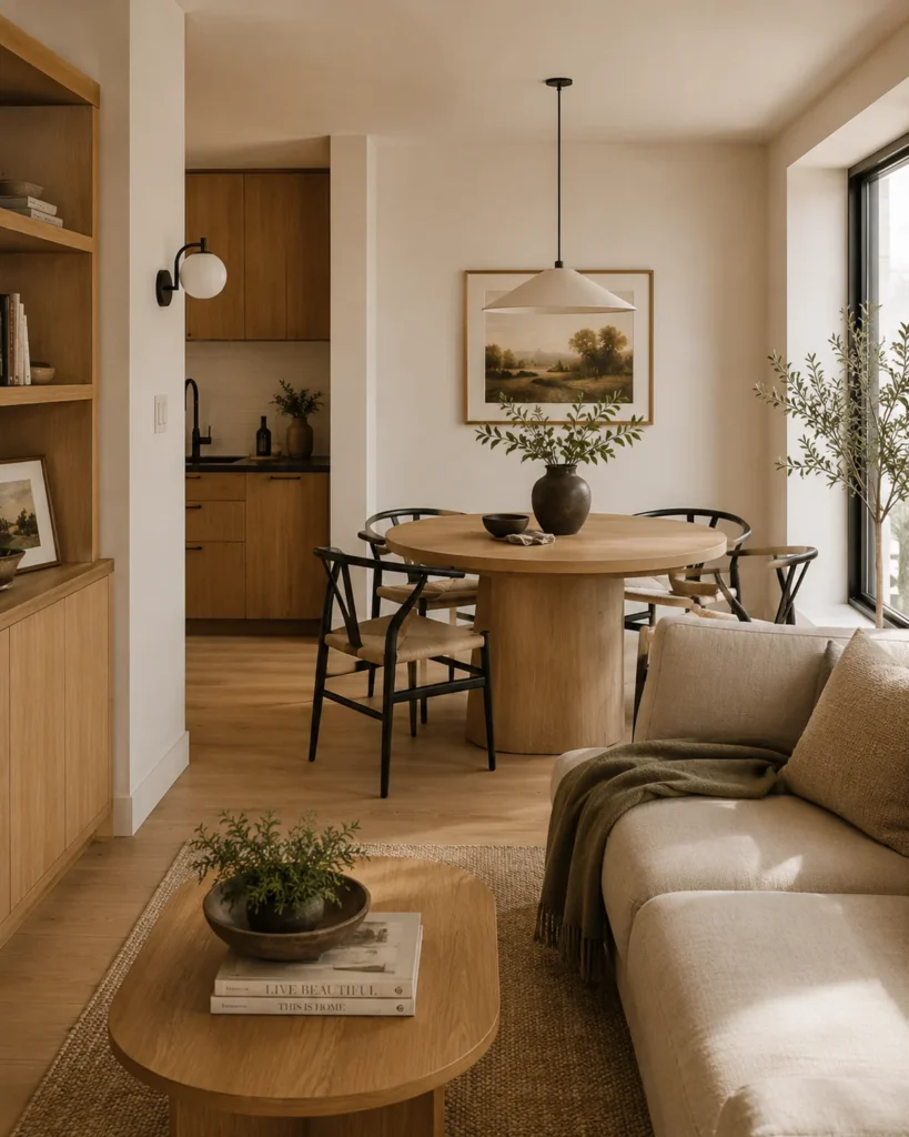 21 Dream Apartment Decor Ideas for a Beautiful & Stylish Space 21 Apartment living and dining area with repeated oak wood tones, black accents, neutral decor, and warm daylight.