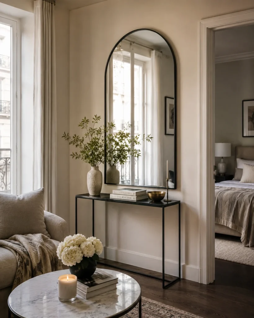 21 Dream Apartment Decor Ideas for a Beautiful & Stylish Space 5 Large mirror reflecting light in a stylish small apartment
