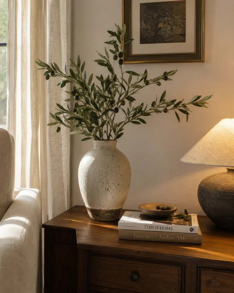 21 Dream Apartment Decor Ideas for a Beautiful & Stylish Space 23 Apartment corner with ceramic vase, olive branches, books, lamp, and warm wood side table.