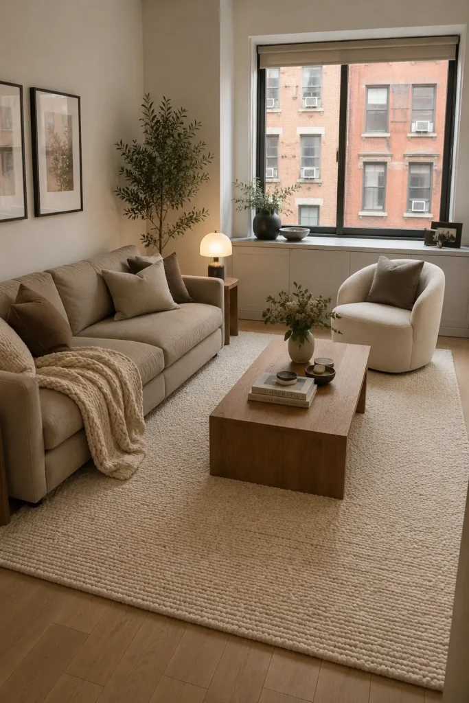 21 Dream Apartment Decor Ideas for a Beautiful & Stylish Space 4 Large textured rug anchoring a beautiful small apartment living room
